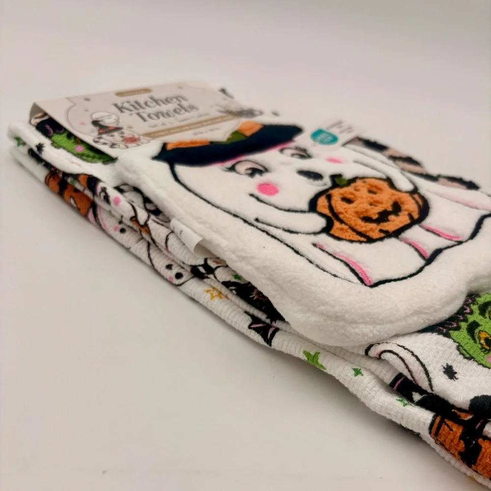 En Vogue Halloween Kitchen Towels Set of 3 Ghost Cat Pumpkin Waffle Weave NEW